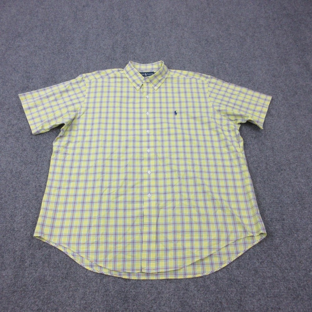 Vintage Ralph Lauren Shirt Mens XL Yellow Plaid Cotton Short Sleeve Button Front